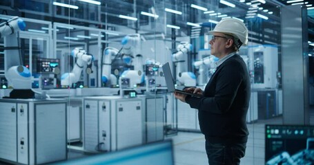 Fototapete - Caucasian Male Engineer in a Hard Hat Using a Laptop Computer to Monitor Robotic Arms in an Advanced Industrial Factory. Specialist Overlooking Modern Automated Electronics Manufacturing