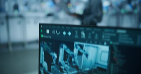 Aufkleber - Computer Monitors Display Robotic Operations and Data Analytics. Female Engineer in a Hard Hat Working in an Industrial Facility, Using Laptop Computer to Monitor Robotic Arms in a Futuristic Factory
