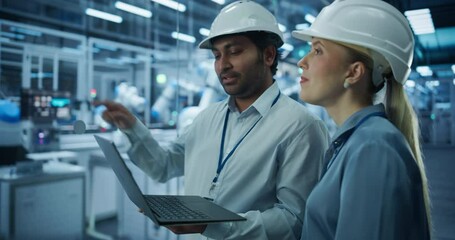 Fototapete - Diverse Industrial Engineers in Hard Hats Analyze Robotic Systems Using a Laptop Computer on a Factory Floor. Young Indian Specialist and Female Technician Having a Discussion About the Assembly Line