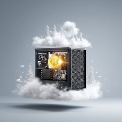 Poster - Crypto Mining Dream: Bitcoin Inside a PC Case Surrounded by Clouds and Winter Trees
