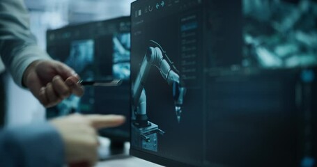 Fototapete - Detailed Shot with Two Manufacturing Experts Collaborating on an Industrial Procedure Involving Automated Robotic Arms. Workers Pointing at Information on a Computer Screen, Overseeing the Assembly