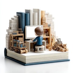 Fototapete - Learning and Building: A Man at His Desk Amidst Books, Bricks, and Machines on an Open Book, Ready to Explore Knowledge.
