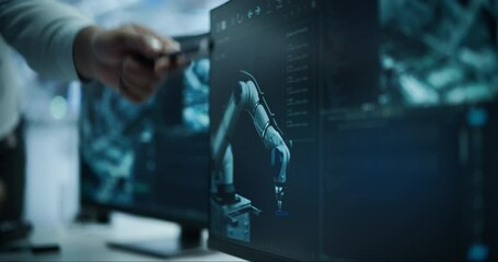 Leinwandbilder - Close Up of Two Industrial Specialists Discussing a Manufacturing Process with Automated Robotic Arms. Workers Pointing on Computer Screen, Monitoring and Managing the Assembly Line