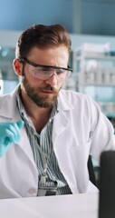 Aufkleber - Science, liquid and man with beaker and microscope for research, medical analysis and chemistry in lab. Healthcare, biotechnology and scientist with solution for sample, experiment and development