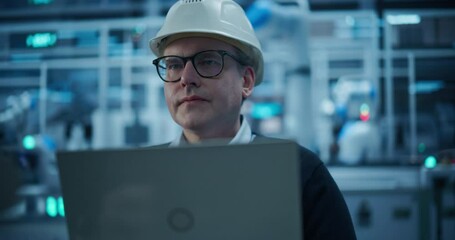 Fototapete - Focused Electronics Factory Manager Working on Laptop at an Industrial Manufacture with Robotic Arms. Specialist in Glasses Monitoring Data on a Computer, Checking and Planning Production Process
