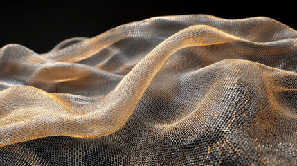 Golden metallic mesh cloth draped gracefully in undulating waves catches the light creating shimme highlights and shadows, evoking a sense of luxury texture design.