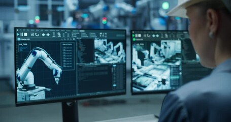 Leinwandbilder - Female Technician Working in a Modern Product Development Factory, Using Industrial Computer Software on Display, Monitoring Electronics Production Line with Robotic Arms. Over the Shoulder Shot
