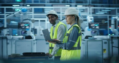 Poster - Two Engineers in High Visibility Vests, Indian Male and a Caucasian Female, Walking and Using a Laptop Computer to Optimize Robotic Systems in a Modern Factory, Analyzing Productivity and Automation