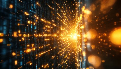 Futuristic digital data stream with glowing binary code, conceptual data flow