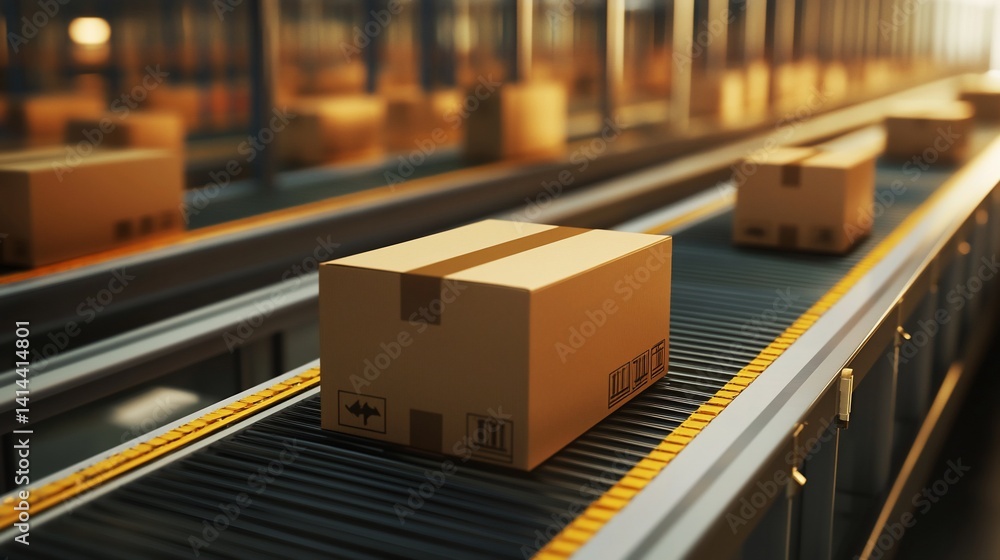 Automated parcel delivery on a conveyor belt, streamlined logistics ...