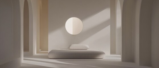 Wall Mural - minimalist interior with daybed and round mirror in a bright, lightfilled space featuring arches, cr