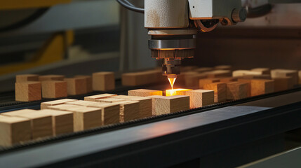 Fototapete - Precision laser machine cuts wood blocks effectively Generative AI