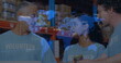 © vectorfusionart - Image of numbers processing over world map and people working in warehouse