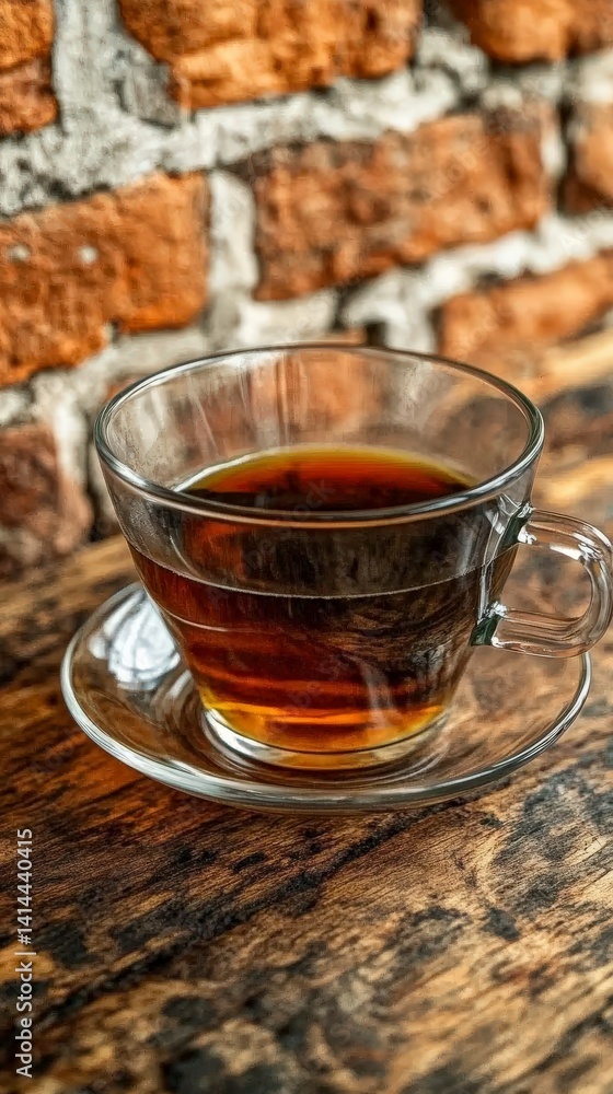 Aromatic Dark Tea in Glass Cup on Rustic Wooden Table with Brick Background - Warm Beverage Photography