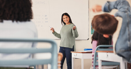 Aufkleber - Education, teacher and math answer in classroom for multiplication solution, calculation and learning support. People, students and educator by whiteboard for equation problem solving and scholarship