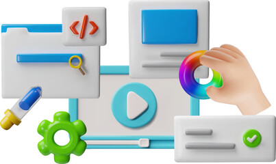 3D ui, ux user software interface vector design, block template of dialogue window, search bar, color wheel and pipette
