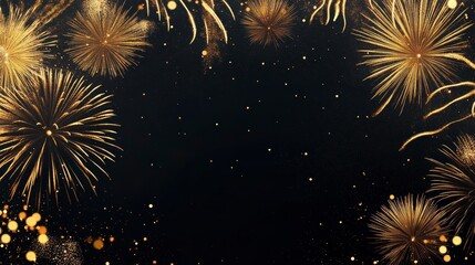 Poster - Golden fireworks display at night with dark background and copy space.