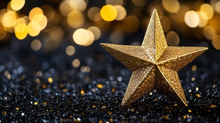 Poster - Gold glitter star on black sparkly background with bokeh lights.