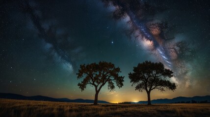 Wall Mural - lonely tree stands under starry night. milky way galaxy shines brightly. serene landscape shows beau