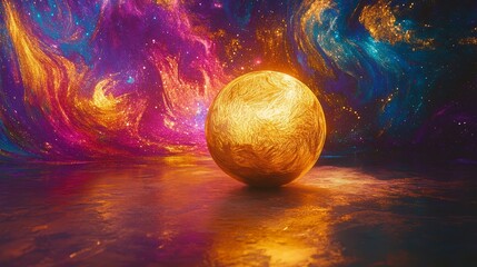 Poster - Golden sphere on reflective surface against vibrant cosmic nebula background.