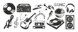 © Olgadesigner - Vintage halftone music elements set. Vinyl record, cassette, speaker, radio, chain, microphone, microphone, chain, headphones. Trendy modern retro vector illustration.