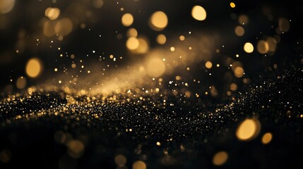 Poster - Abstract dark background with golden glitter and bokeh lights, perfect for luxury, celebration, or festive designs.