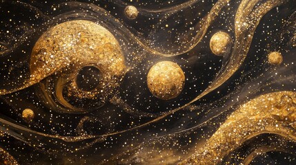 Poster - Abstract gold glitter swirls and spheres on black background, cosmic texture.