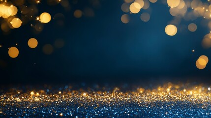 Poster - Abstract dark blue and gold glitter background with bokeh lights.