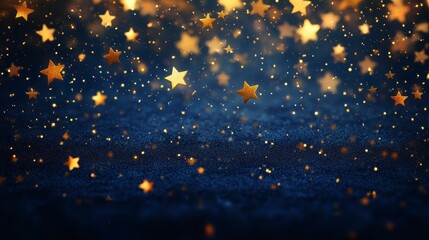 Poster - Sparkling gold stars falling on dark blue glitter background.
