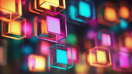 Wall Mural - Luminous geometric cubes floating and pulsing within dark environment, generating vibrant visual energy through dynamic light patterns and digital movement
