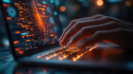 Night Coding: Hands Typing on Glowing Laptop Keyboard