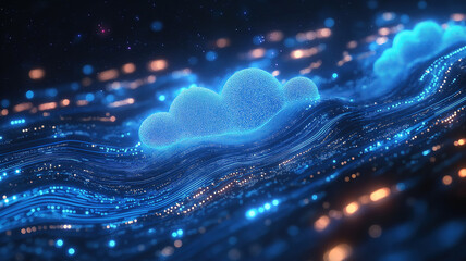 Wall Mural - abstract image of data transfer from cloud to circuit board representing digital network technology
