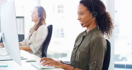 Aufkleber - Computer, woman and happy with headset in call center for technical support, online advice and troubleshooting help. Contact us, consultant and friendly with inbound query or network issue resolution