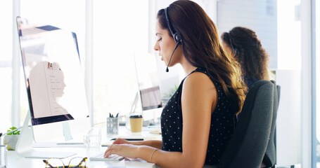 Aufkleber - Call center, headset and woman with typing on computer screen for troubleshooting, technical support or FAQ. Contact us, agent or consulting with customer service, inbound query or network resolution