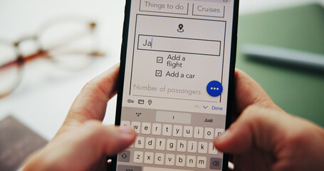 Fototapete - Hands, travel and phone screen for booking flight, itinerary or car rental app in office. Display, mobile and person typing holiday checklist, planning trip or location search for destination closeup