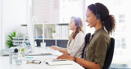 Aufkleber - Office, customer support and woman on computer for talking, online help and consulting. Corporate, business and person with headset on pc for virtual assistance, communication and b2c contact