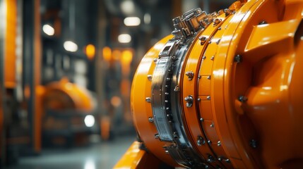 Poster - Close-up of an orange industrial machine's intricate components in a factory setting.