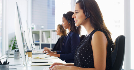 Aufkleber - Call center, typing and woman with headset by computer for virtual assistance, technical support and customer service. Contact us, consultant and helping with software issue, troubleshooting or query