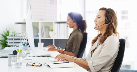 Aufkleber - Talking, customer service and woman on computer in office for support, online help and consulting. Corporate, business and person with headset for virtual assistance, communication and b2c contact