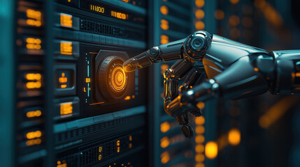 Wall Mural - a robotic finger touching a server button symbolizes the future of human and machine interaction