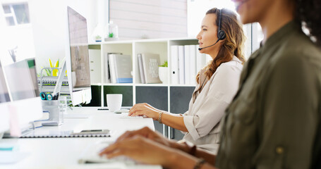 Poster - Woman, consultant or agency with headset at call center for telemarketing or customer service. Female person, agent or employees with computer for online assistance, help or desktop support at office