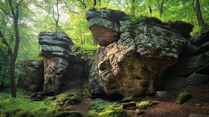 Poster - Lush green forest with unique rock formations, sunlight filtering through leaves.