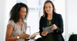 © peopleimages.com - Meeting, tablet and business women with notes in office for online project, research and feedback for proposal. Professional, corporate and workers on digital tech for website, strategy and planning