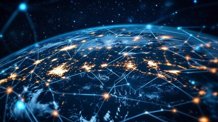 Leinwandbilder - Global network connection, earth at night, digital lines.