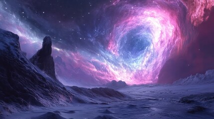 Wall Mural - A stunning galaxy swirling in vibrant colors above a distant planet