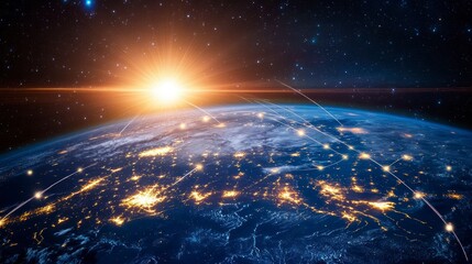 Aufkleber - Global network connections illuminated at night, seen from space during sunrise.