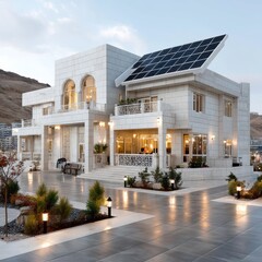 Aufkleber - Modern White House with Solar Panels and Illuminated Garden Path at Dusk - Sustainable Architecture
