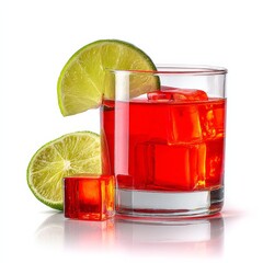 Leinwandbilder - Red cocktail with ice cubes and lime wedge on a white background showcasing refreshment and deliciousness.