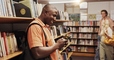 Poster - Learning, phone and student man in library to search for books or study material. App, education and social media scrolling with happy person on college or university campus for school scholarship