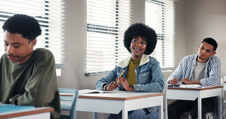 Poster - School, university and students in classroom listening for education, lesson and learning. Happy, academy and men and women at desk in lecture for knowledge, assignment and studying at college